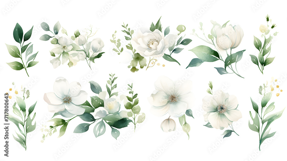 White flowers and green leaves watercolor collection isolated on white background - obrazy, fototapety, plakaty 