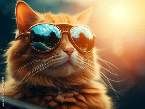 Close-up portrait of a ginger cat wearing sunglasses Generative AI