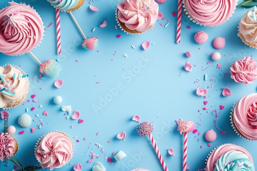 Blue table top on blue background with decorated lollipops and cupcakes, children birthday party