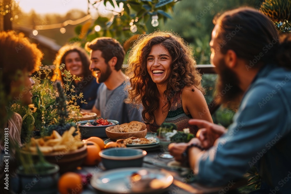 Outdoor gathering of friends and family around a table, laughing in sunlit warmth. A curly-haired woman & bearded man share a joyful moment while enjoying their, Generative AI
