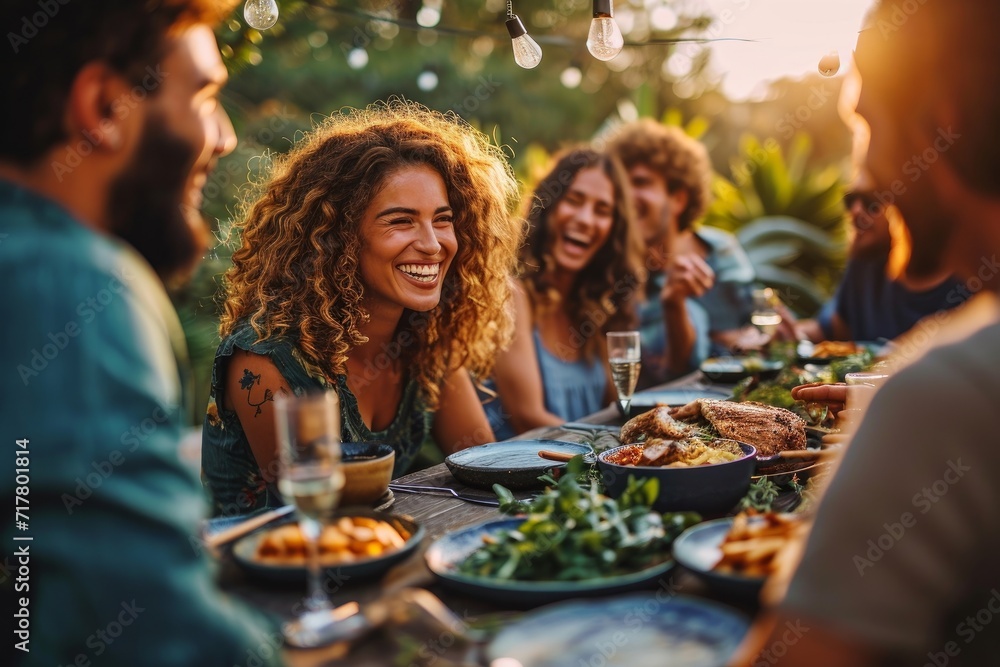 Outdoor gathering of friends and family around a table, laughing in sunlit warmth. A curly-haired woman & bearded man share a joyful moment while enjoying their, Generative AI