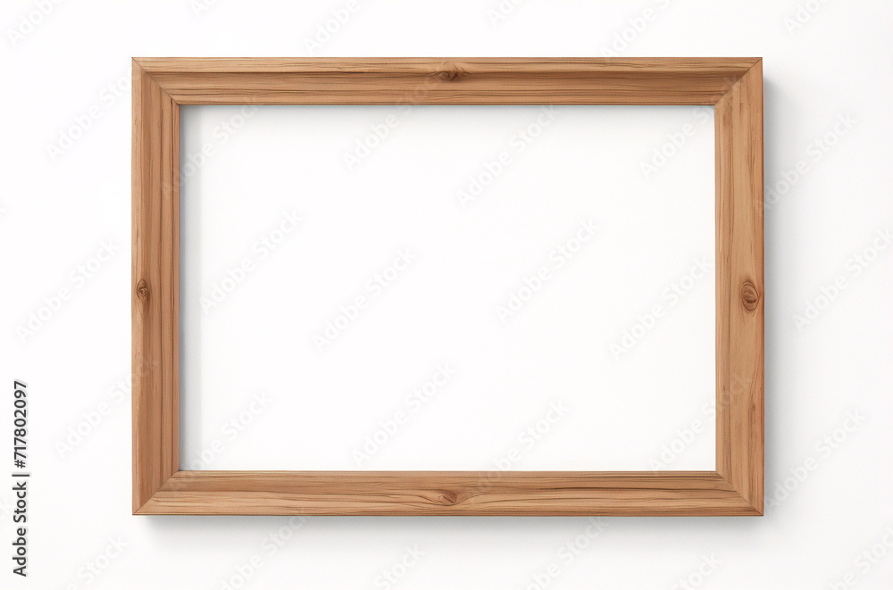 Marco vertical rectangular fino de madera clara colgado en una pared con textura blanca, plano, vista superior, ilustración 3D. Marco vertical rectangular fino de madera clara colgado en una pared con textura blanca, plano, vista superior, ilustración 3D.
