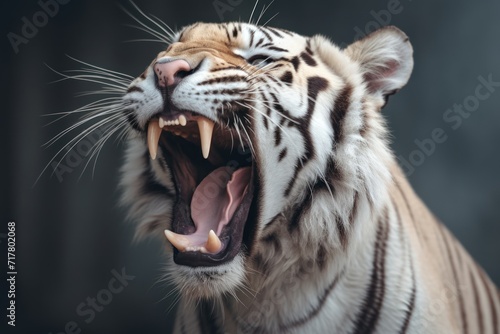 young Bengal tiger roared in the cool air. Animal portrait of a white tiger on a gray background © venusvi