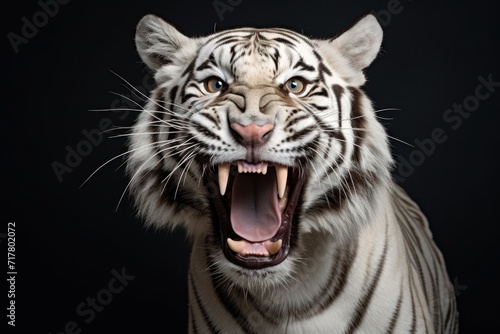young Bengal tiger roared in the cool air. Animal portrait of a white tiger on a gray background