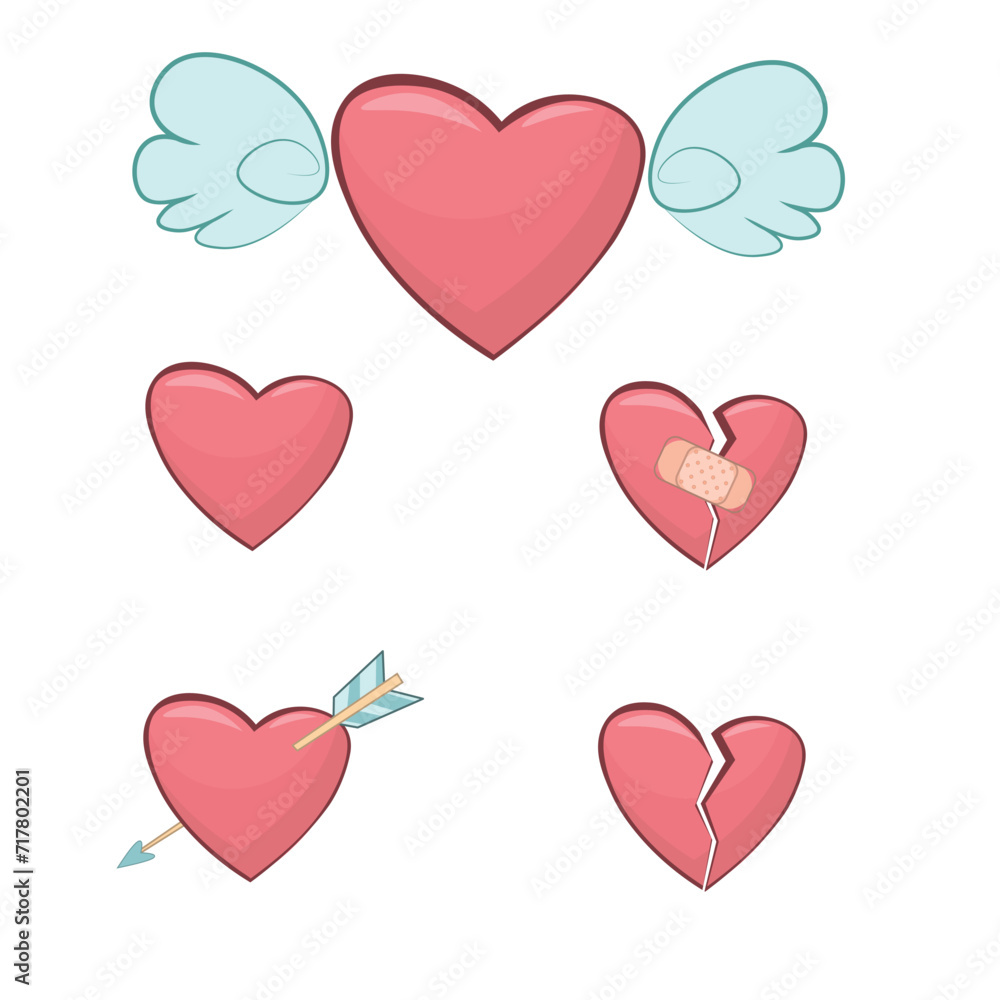 Set Red Hearts for Valentines Day or Wedding Greeting Card. Heart with Wings, Arrow, Broken and Bandaged with Patch, Love Symbols. Cartoon Vector Illustration. Heart stickers.