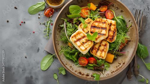 Grilled halloumi cheese with fresh salad, cherry tomatoes, and herbs. A tasty appetizer, salad, ketogenic, paleo lunch on a rustic background. Banner with copy space for a delicious and healthy meal.