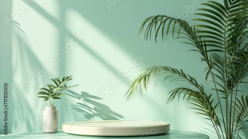 Abstract background for presenting cosmetic products. Premium podium with tropical palm leaf silhouettes on a pastel green wall.