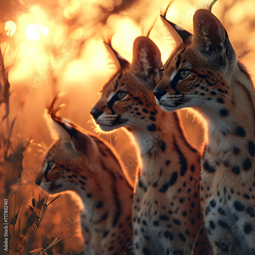 Serval family in the savanna with setting sun shining. Group of wild animals in nature.