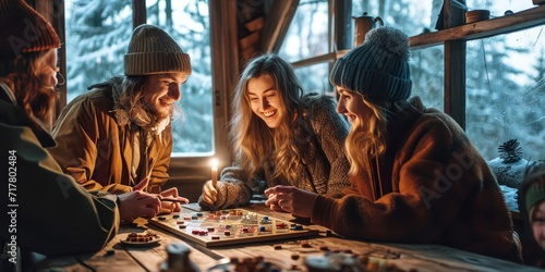 A group of millennial friends enjoys board games at a cozy cottage in winter  reflecting warmth  togetherness  and the simplicity of genuine friendship  Generative AI