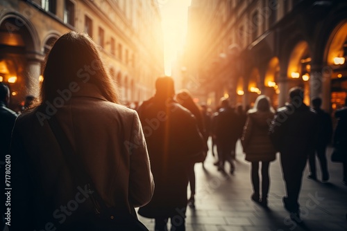 Vibrant blurred crowd of unrecognizable people in a bustling shopping street at the scenic sunset