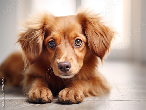 Сlose-up portrait of a brown dog lying Generative AI © Asya_AI