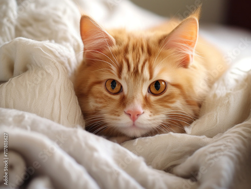 Red kitten lies in bed, cat Generative AI 