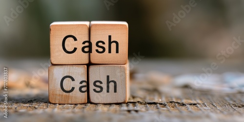 Wooden blocks with the inscription "Cash". Cube and Text. Dice, brick. Concept finance, cash, budget. Close-up, copywriting, business theme. Economy. Financial literacy. Saving money. Copy space