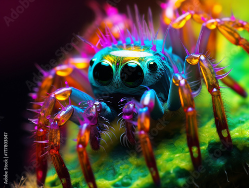 Spider close up Neon color Generative AI © Asya_AI