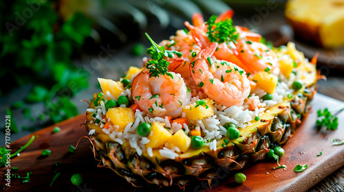 salad with rice and shrimp in pineapple. Selective focus. photo
