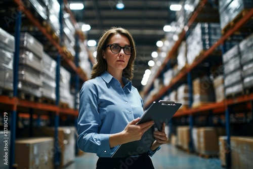 Confident businesswoman standing with clipboard in distribution warehouse, showcasing her leadership skills, efficiency, and expertise in logistics and supply chain management, Generative AI photo