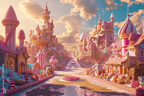 A magical castle at sunrise, buildings are made of candy and streets are paved with gold