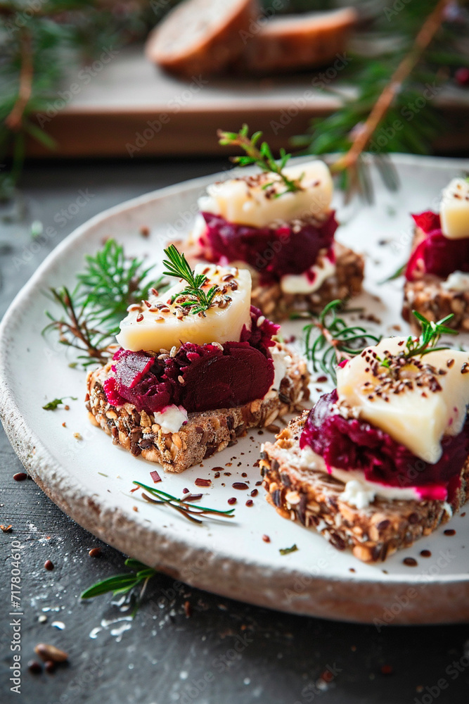 Bruschetta with beets and cheese. Selective focus. Bruschetta with beets and cheese. Selective focus.