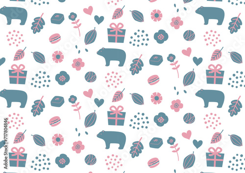 バレンタインモチーフ北欧風パターン　くすみカラー・ブルー・ピンク