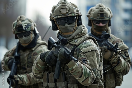 Three soldiers in full combat gear, wearing masked faces and carrying guns