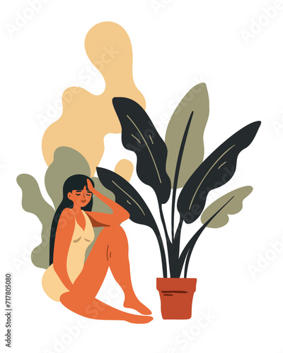 Young woman in pajamas with homemade flower, vector illustration in cartoon style