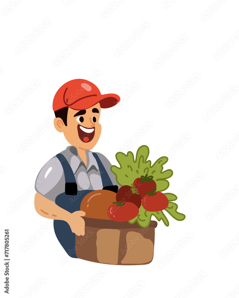 Cheerful young male delivery man with food box, vector illustration in cartoon style Cheerful young male delivery man with food box, vector illustration in cartoon style
