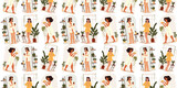 Beauty seamless pattern with different young women with cosmetics in the bathroom, self-care, vector illustration in cartoon style