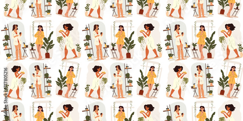 Beauty seamless pattern with different young women with cosmetics in the bathroom, self-care, vector illustration in cartoon style