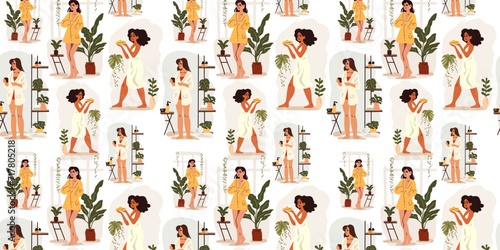 Seamless pattern with different young women with cosmetics in the bathroom  self-care  vector illustration in cartoon style