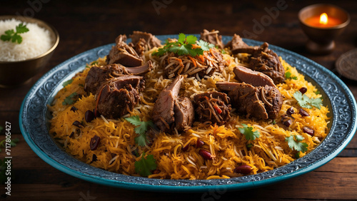 beauty of lamb biryani as it graces a traditional plate on a wooden table side view captures the intricate details of this culinary masterpiece