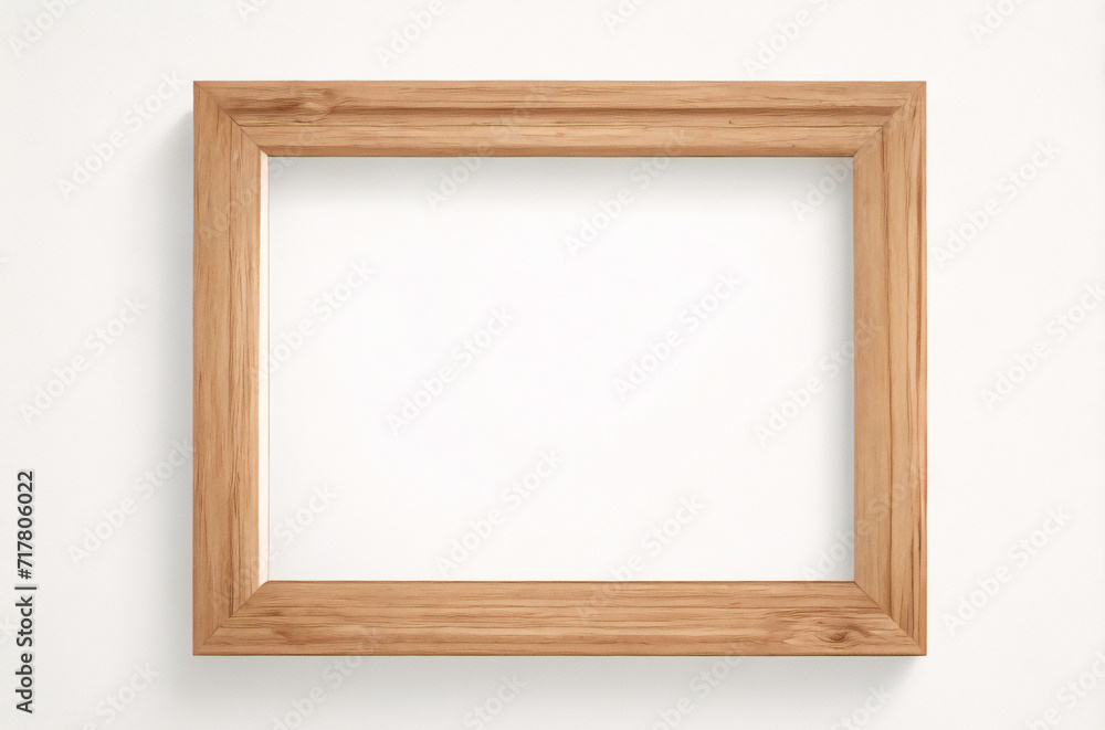 Marco vertical rectangular fino de madera clara colgado en una pared con textura blanca, plano, vista superior, ilustración 3D. Marco vertical rectangular fino de madera clara colgado en una pared con textura blanca, plano, vista superior, ilustración 3D.