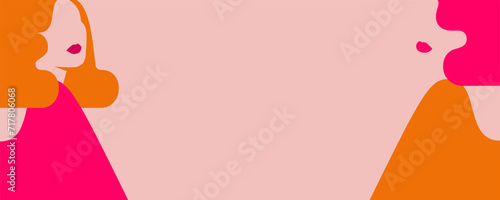 Two women poster with empty space for text. Horizontal Banner with Silhouettes of girls in pink colors for Womens Day celebration. Vector background for Empowerment of females.