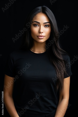 Dynamic athletic asian female poses on dark background, connecting with camera through intense gaze