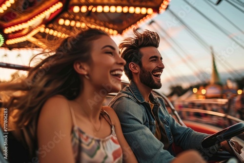 Excited couple enjoying a thrilling, high-speed ride at an amusement park, their laughter symbolizing the fun of a summer vacation, Generative AI