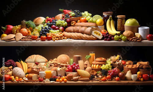 arranged in groups close up fruits, vegetables, cereals, spices, bakery products, dairy products, sweets