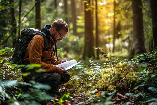 An environmental conservation surveyor in the forest, diligently recording data as part of field research, showcasing commitment to preserving nature and sustainability, Generative AI