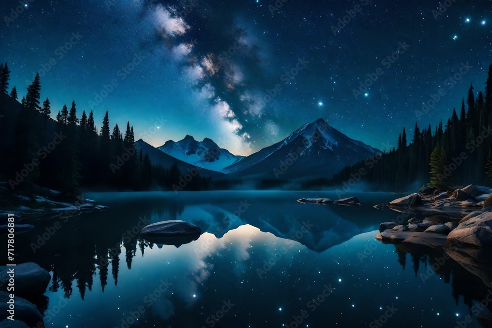 Enchanting night sky filled with stars over a serene mountain lake