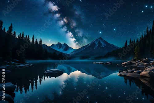 Enchanting night sky filled with stars over a serene mountain lake photo