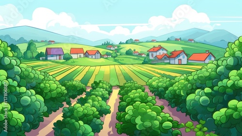 colorful cartoon illustration of a peaceful rural landscape, featuring lush green fields, neat rows of crops, and quaint houses in the background under a clear sky.