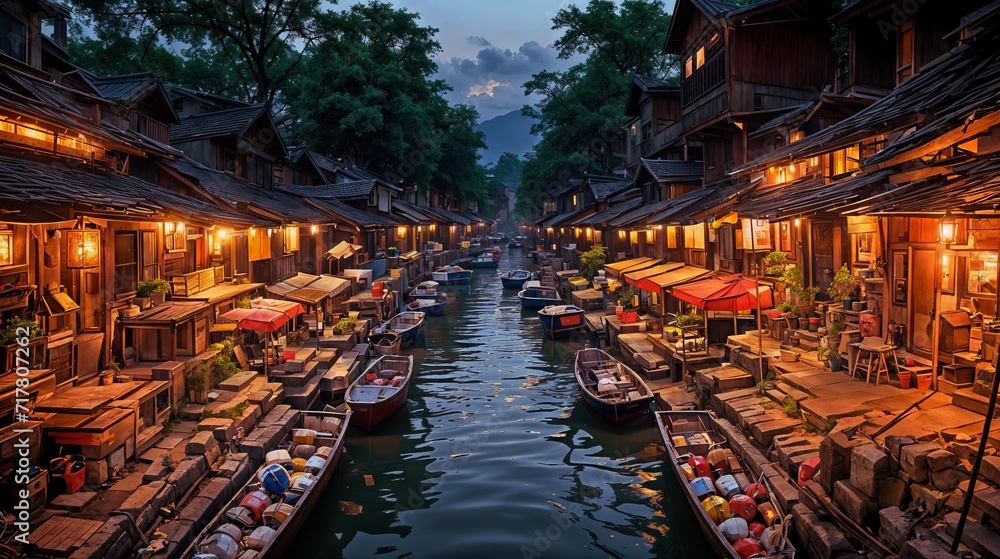 A river lined with wooden houses and boats. The river is filled with several boats and is surrounded by numerous tables with red umbrellas and lanterns.