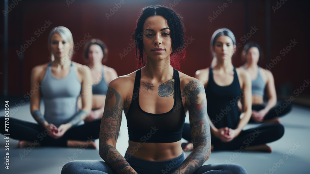 Young and carefree woman in sportswear sitting in yoga class Young and carefree woman in sportswear sitting in yoga class