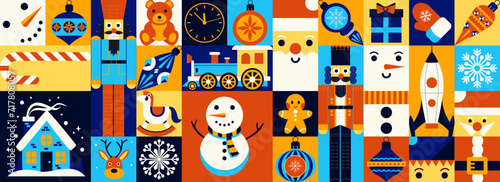Abstract geometric pattern. Big set. Merry Christmas and Happy New Year! Gingerbread, nutcracker, toys, holiday sweet candie. Mosaic art. Holiday style.