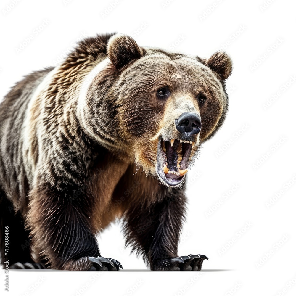 Intimidating brown grizzly bear roaring aggressively, captured isolated on a white background showcasing wild predatory instincts, Generative AI
