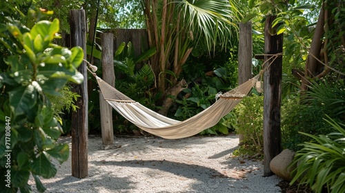 A cozy hammock, strung between weathered wooden posts, nestled amidst lush greenery, inviting afternoon naps and sun-dappled dreams,