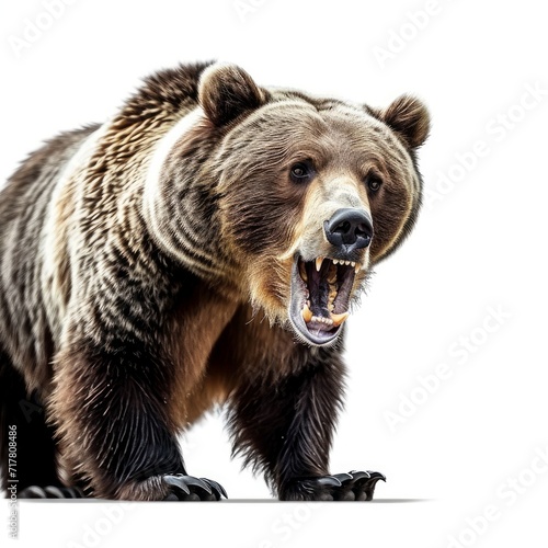 Intimidating brown grizzly bear roaring aggressively, captured isolated on a white background showcasing wild predatory instincts, Generative AI