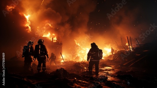 firefighters in the darkness of the night battle the flames, striving to prevent further destruction.