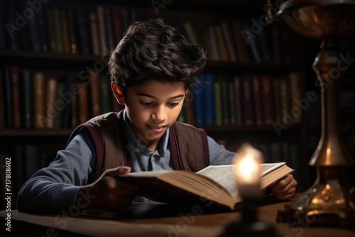 A boy reading a book in the library room