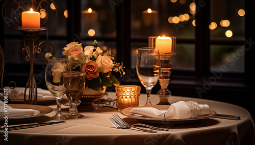 Table for three with white tablecloth served with luxury tableware, wine glasses, candles in dark cozy sumptuous restaurant. Family relations, home sweet home or restaurant industry concept low key