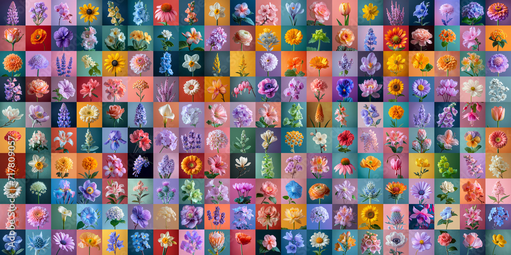 Beautiful flowers in bloom as a panorama collage
