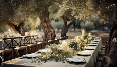 Long table served with luxury tableware, wine glasses, candles under old olive tree branches in deep Italian countryside. Big family relations, wedding preparation and cozy home related things concept